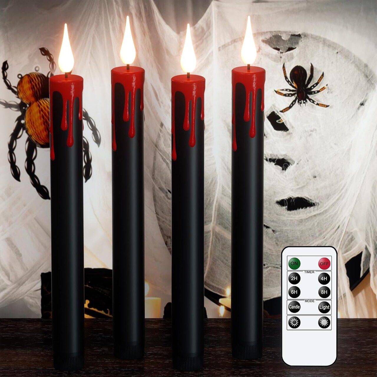 4-Pack Black Flameless Taper Candles – LED Halloween Decor with Remote & Timer, Battery Operated